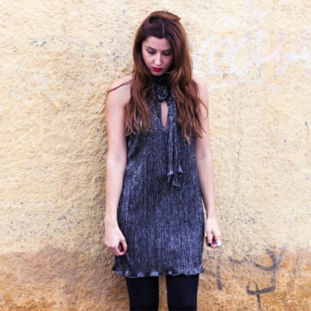 NWOT Zara Halter Keyhole Metalized Dress Size L.